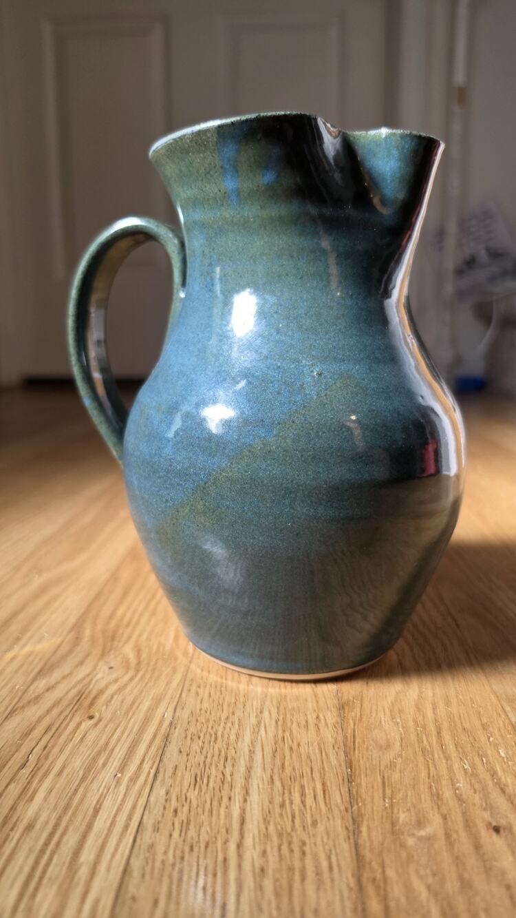 Gorgeous Unique Signed Ceramic pitcher Handmade EJ King Dark Green Blue Pottery